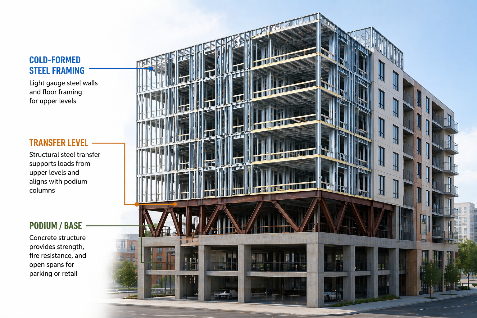 Hybrid mid-rise building diagram showing cold-formed steel framing above a podium or structural transfer level.