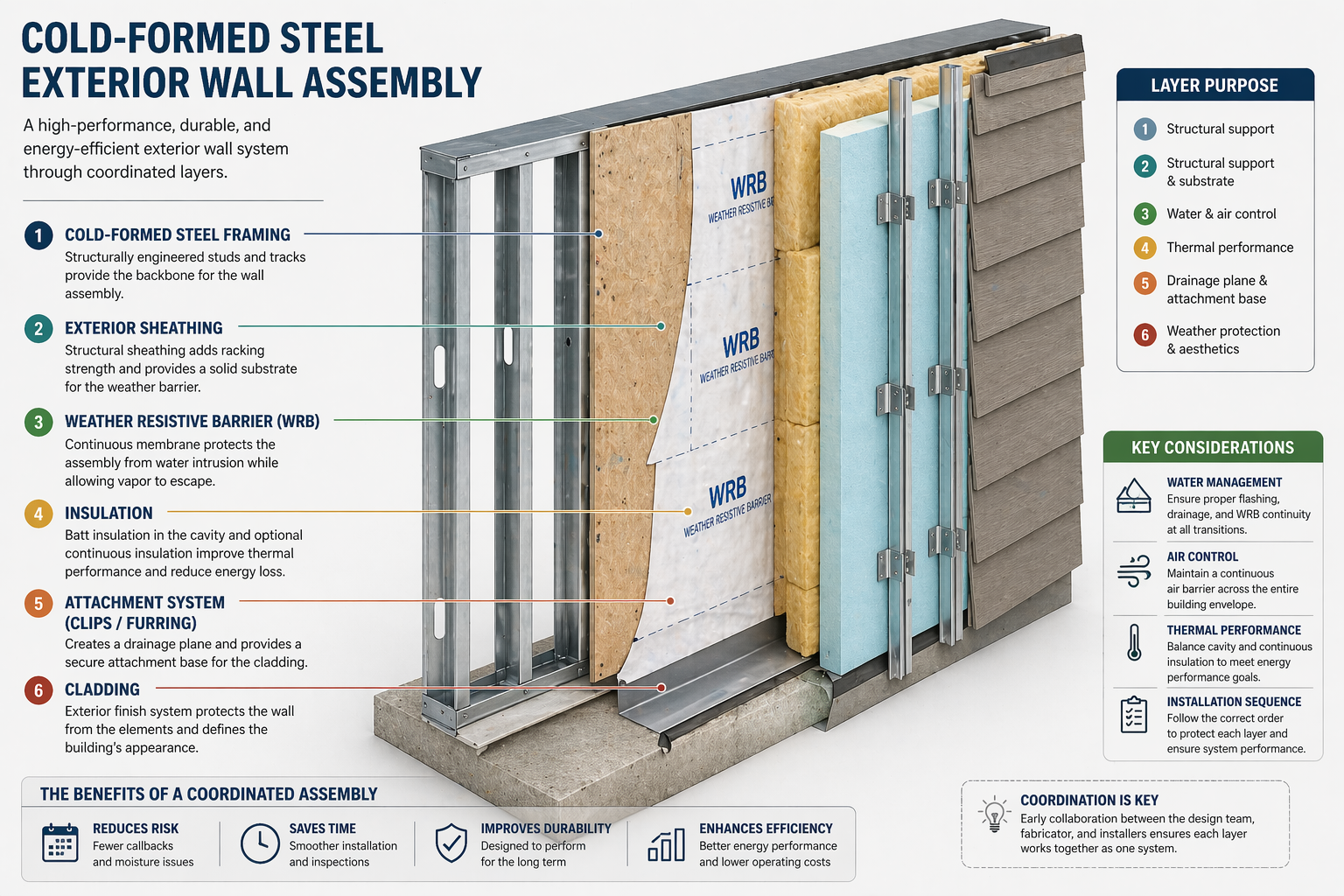 Infographic of a cold-formed steel exterior wall assembly showing layered components including steel framing, sheathing, WRB, insulation, attachment system, and cladding, along with key coordination and performance considerations.