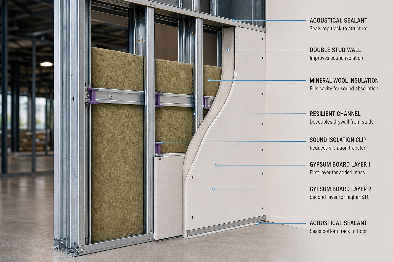 Cutaway of sound-rated cold-formed steel demising wall assembly for multifamily construction