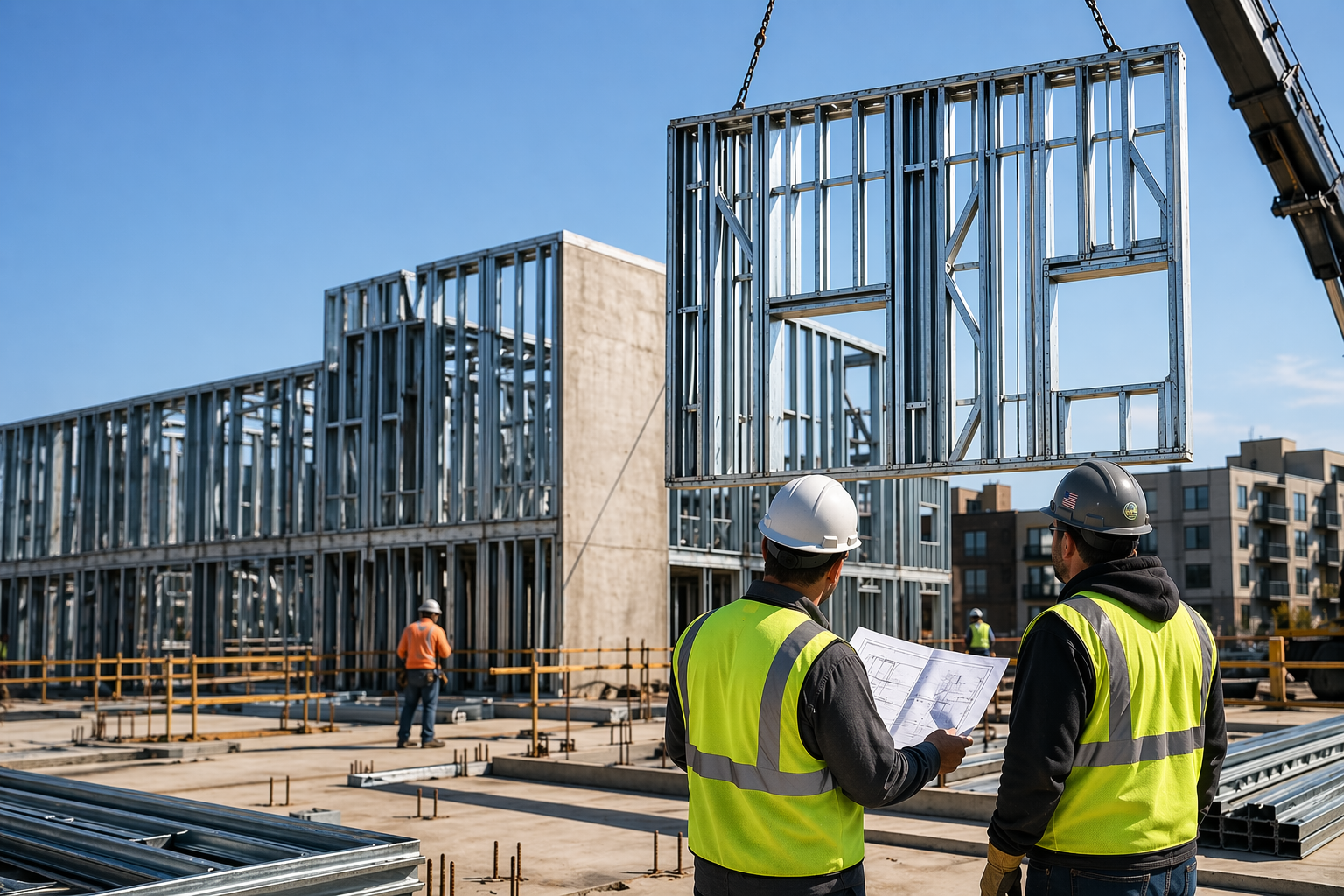 Inspector reviewing panelized cold-formed steel framing installation on a commercial jobsite