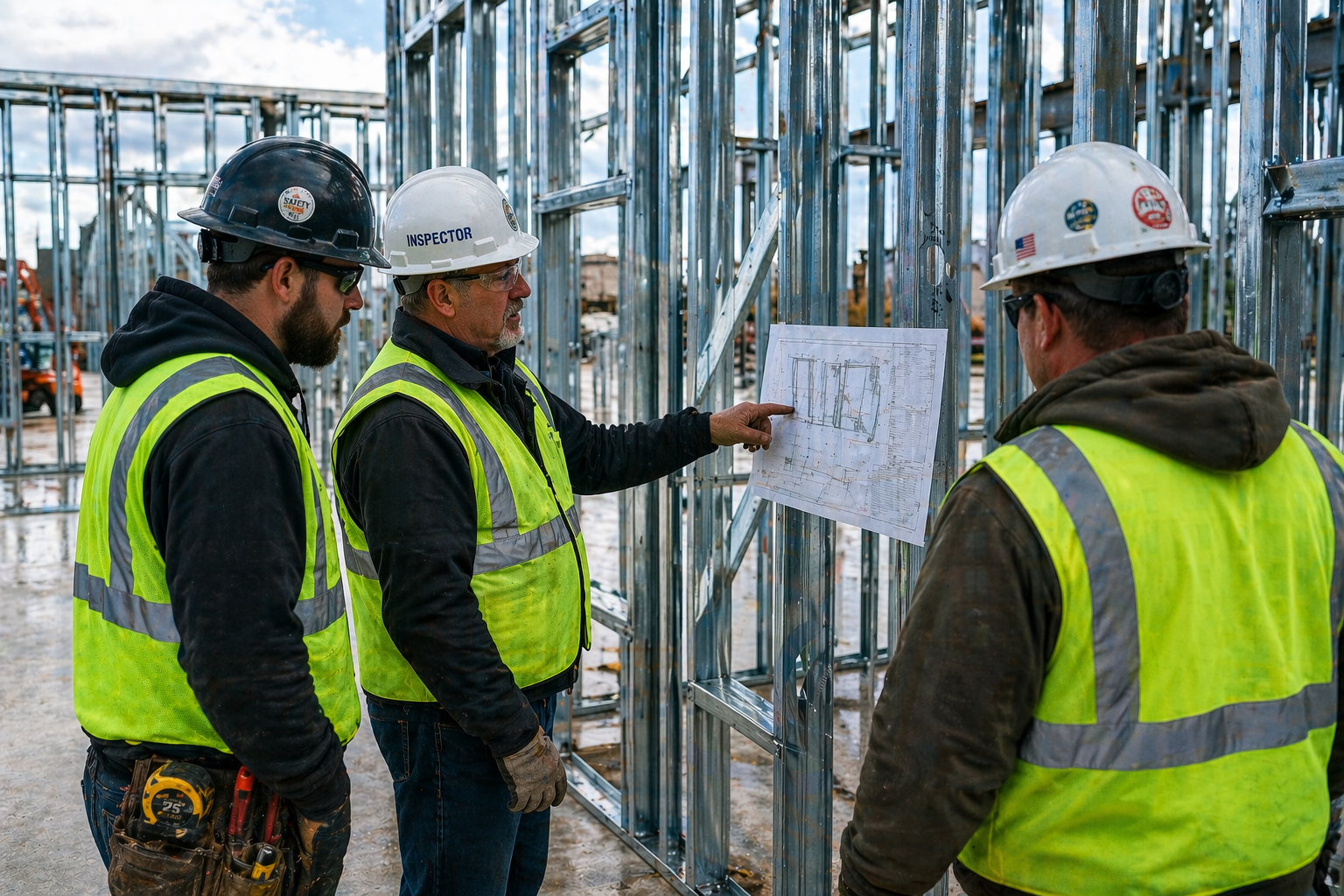 Inspector reviewing installed panelized cold-formed steel framing before concealment