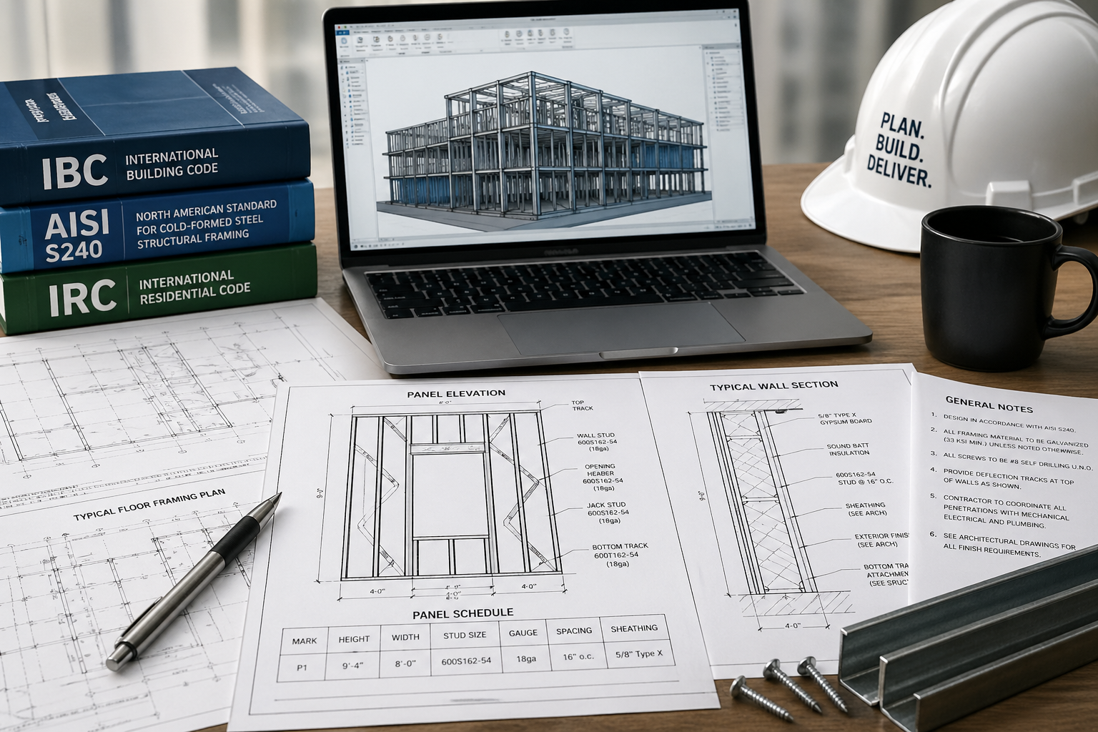 Cold formed steel framing permitting review with structural drawings, code documents, and panelized wall system details.