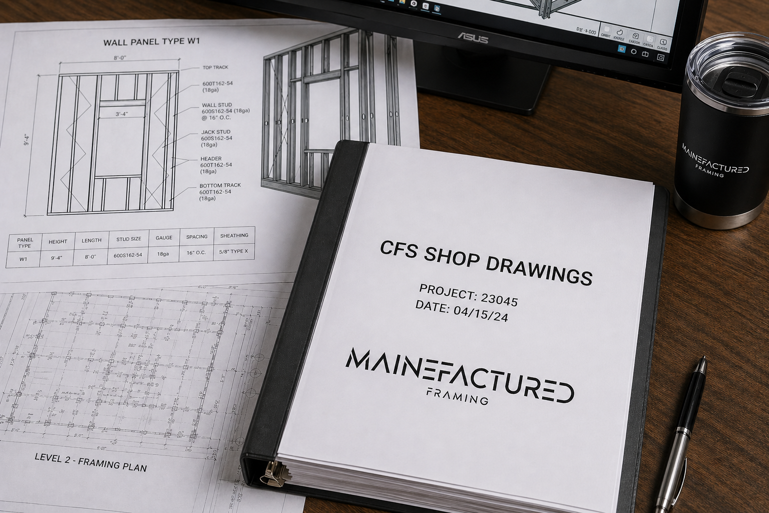Cold-formed steel shop drawings binder with Mainefactured Framing logo, wall panel details, framing plans, CAD model, and construction documentation on a desk.