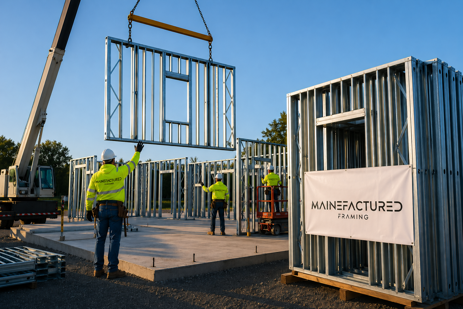Panelized cold-formed steel wall panels being lifted by crane and installed on a construction site with Mainefactured Framing branding.