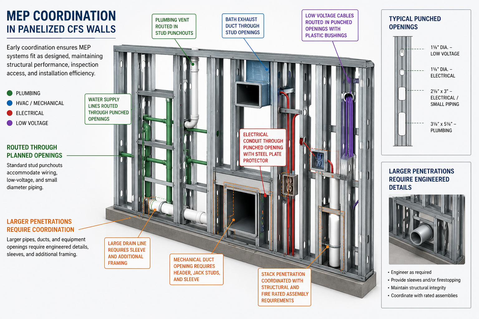 MEP routes coordinated through panelized cold-formed steel wall framing