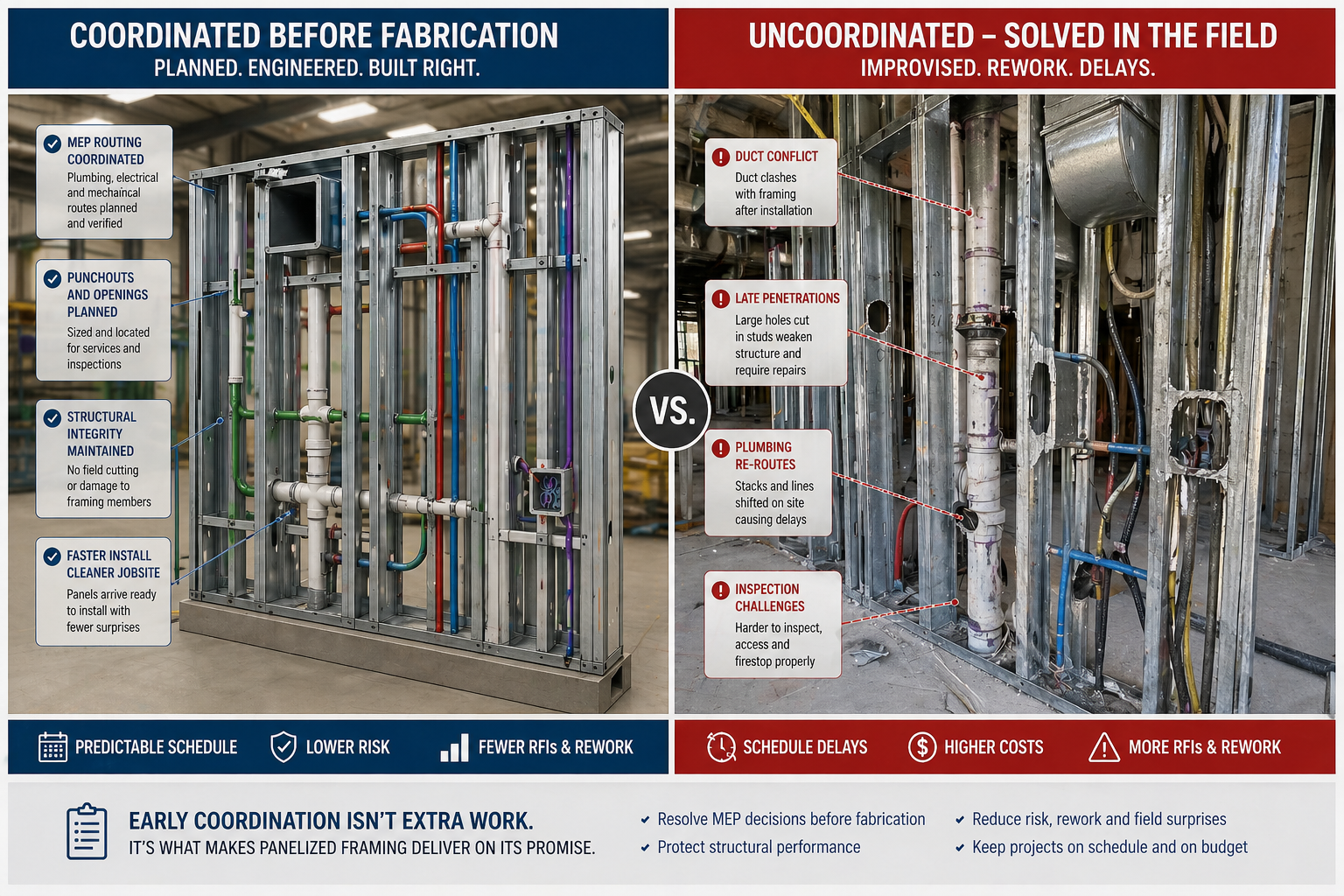 Coordinated panelized metal framing compared with late MEP field conflicts
