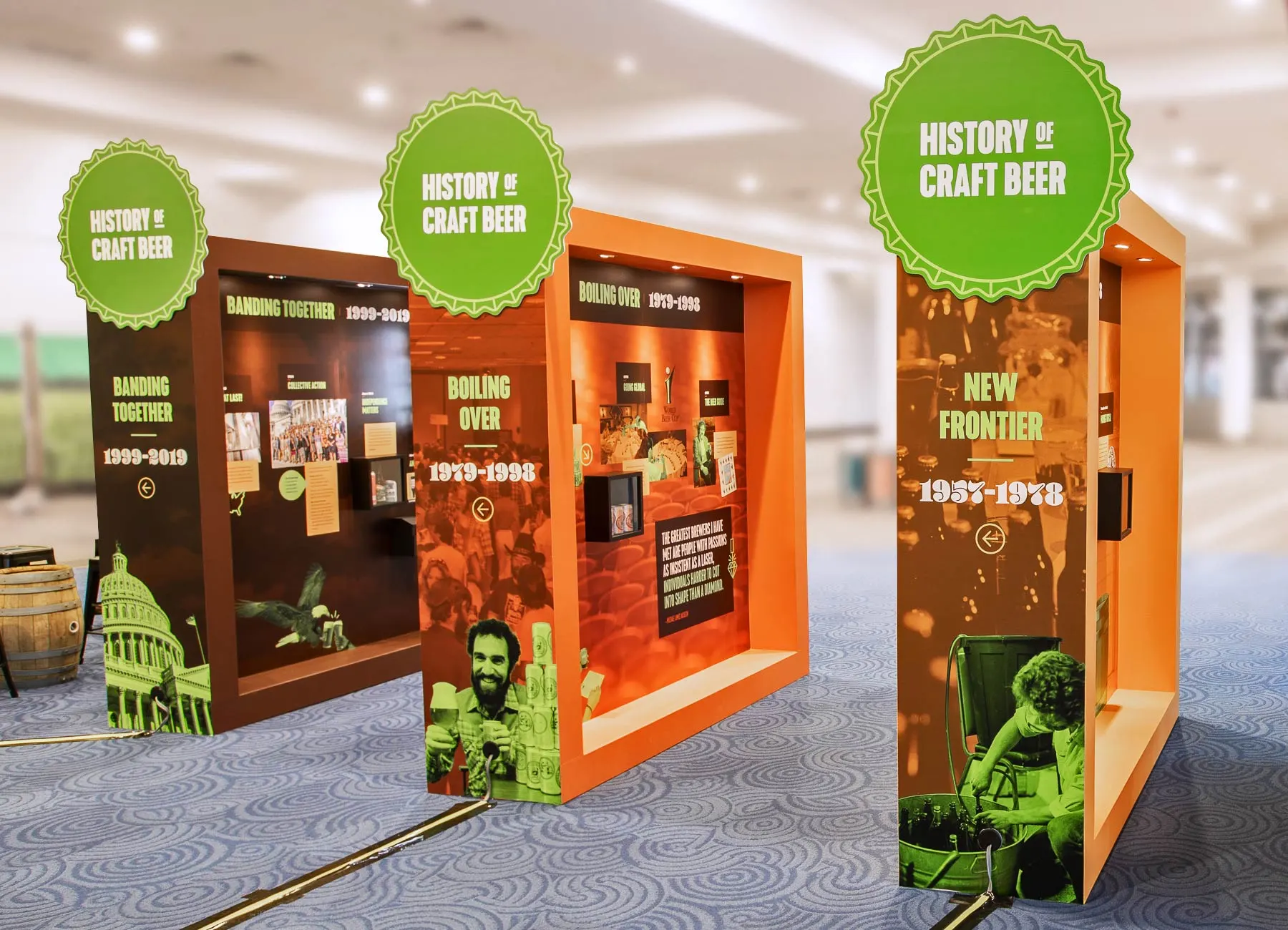 four double-sided exhibit walls with historic beer graphics inside the Denver Convention Center