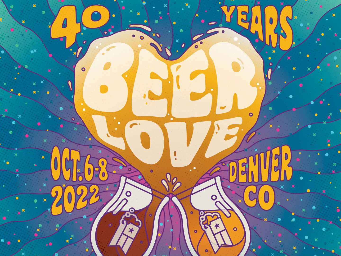 large crowd of GABF attendees wearing fun costumes with "BEER LOVE" text in an illustrated heart-shaped beer foam