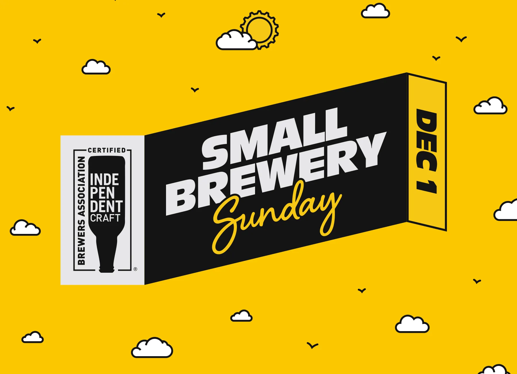 A Small Brewery Sunday poster affixed to a glass window that looks into a brewery