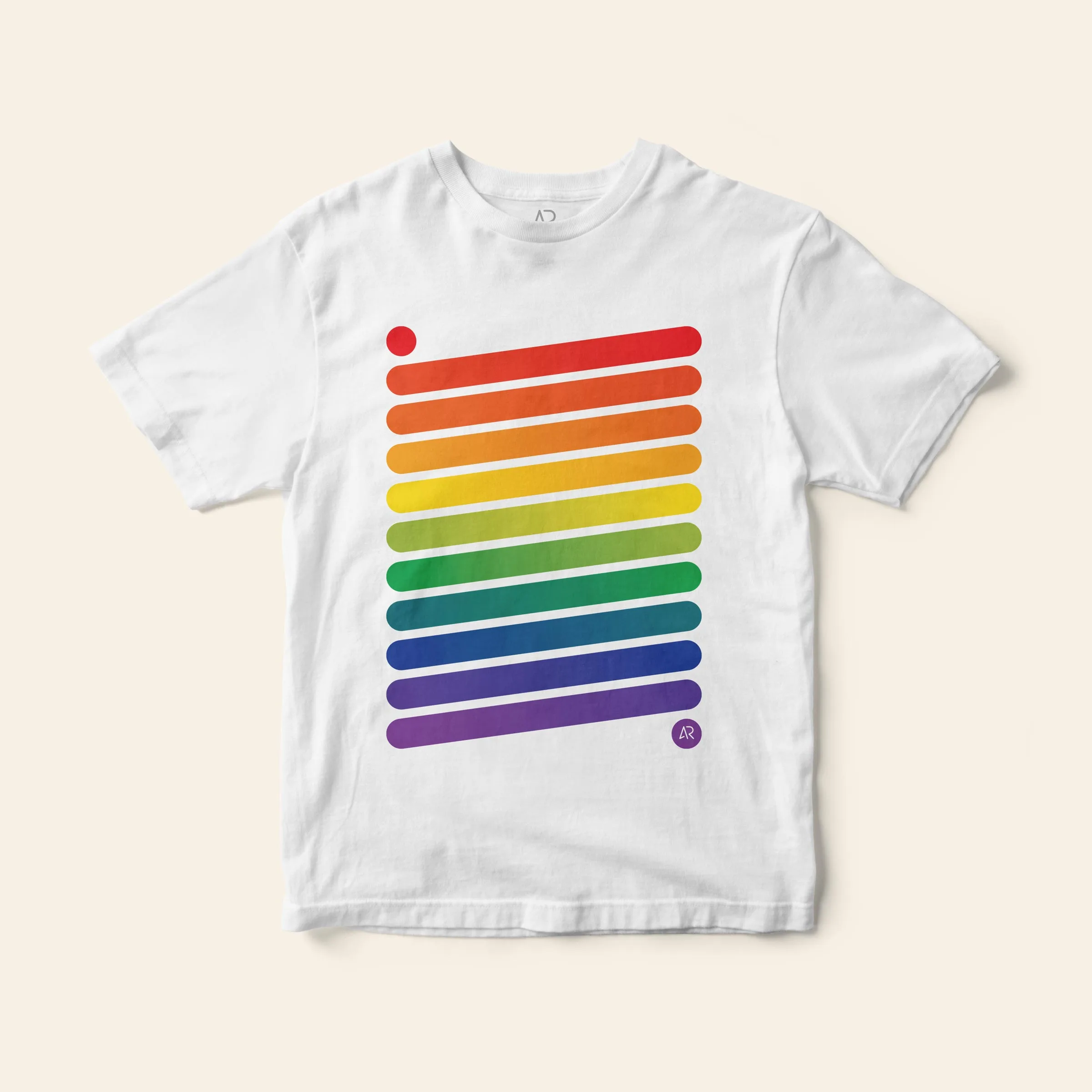 a white t-shirt with a full-color rainbow print that consist of angled horizontal lines