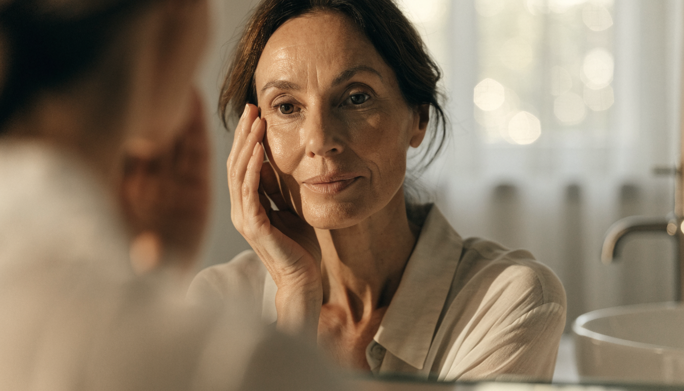 Woman in her late 40s examining her cheek in a mirror, considering skin tightening after weight loss