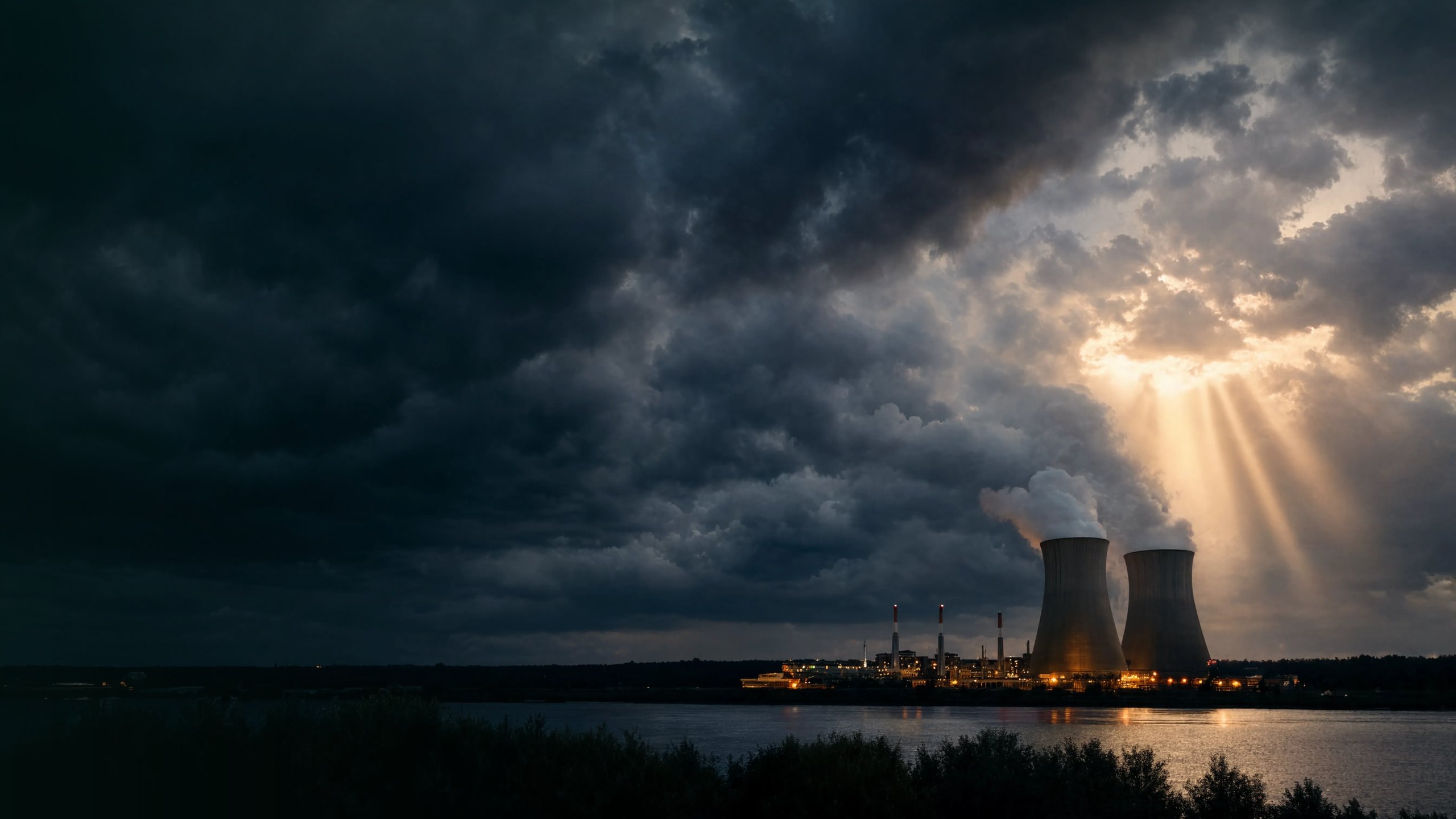 Frente de tempestade sobre usina industrial ao anoitecer, gestão de riscos climáticos