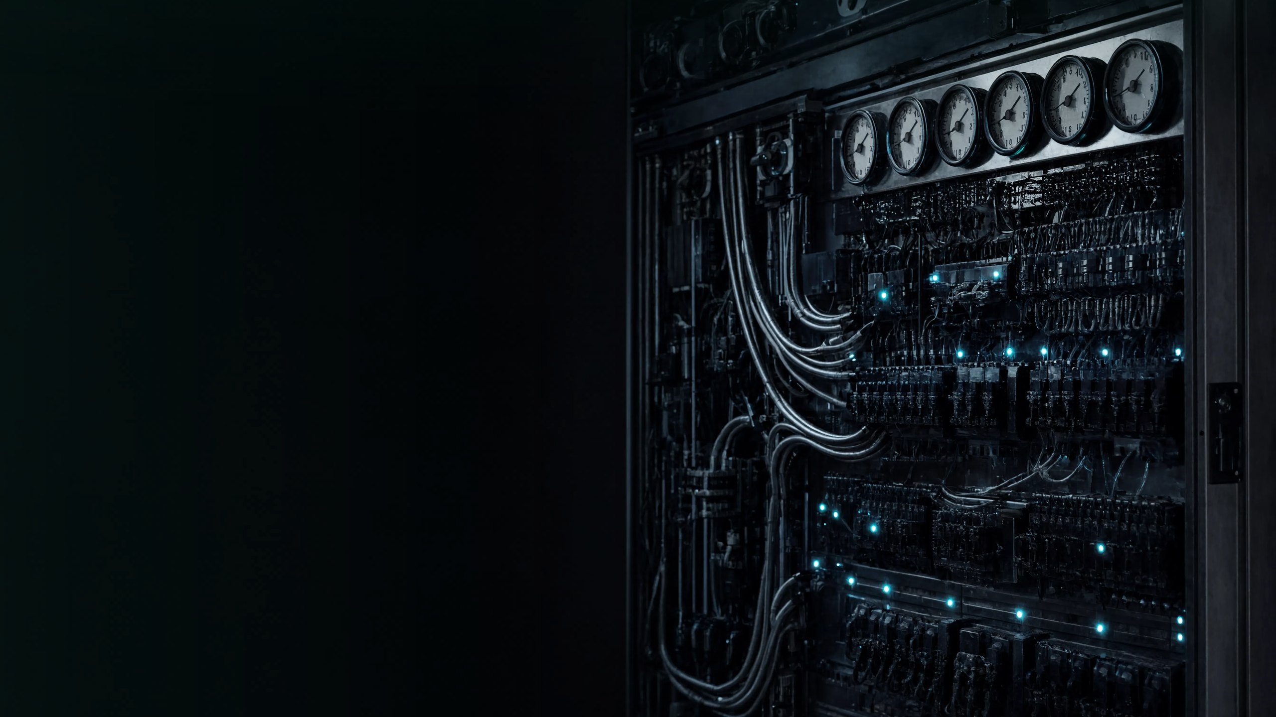 Painel de controle industrial SCADA à noite com instrumentação e sensores