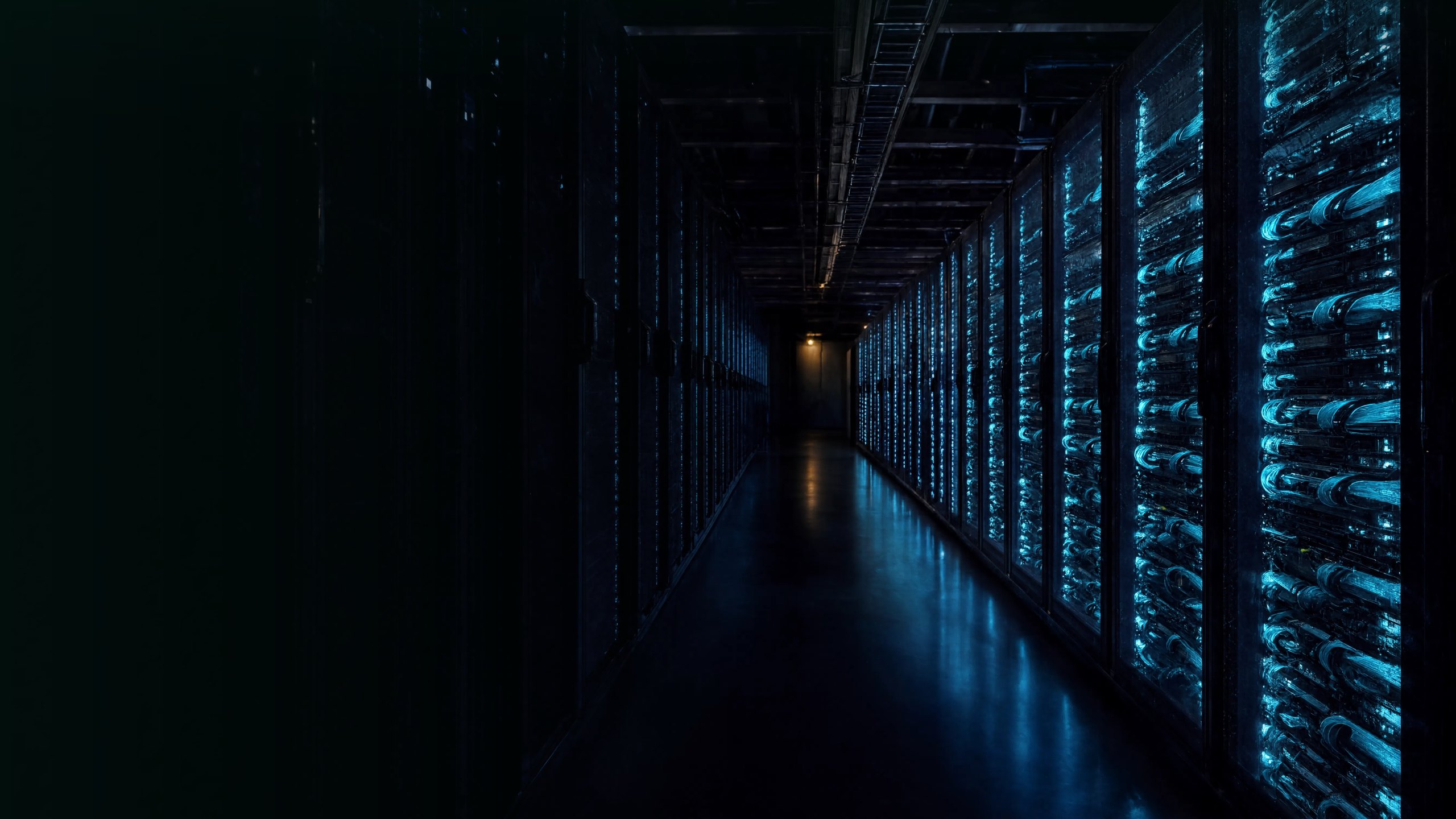 Corredor de data center à noite com racks de servidores e cabeamento de fibra óptica iluminado