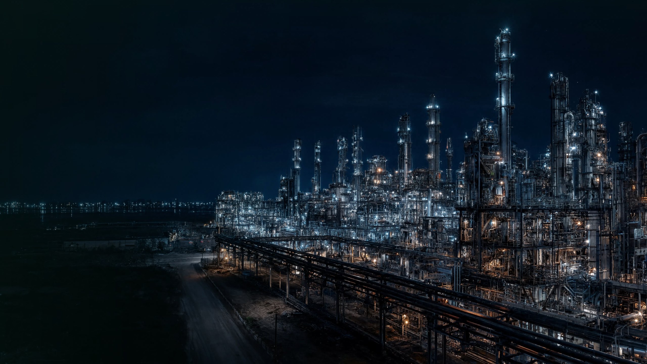 Planta petroquímica iluminada à noite vista do alto, gêmeo digital de ativos industriais