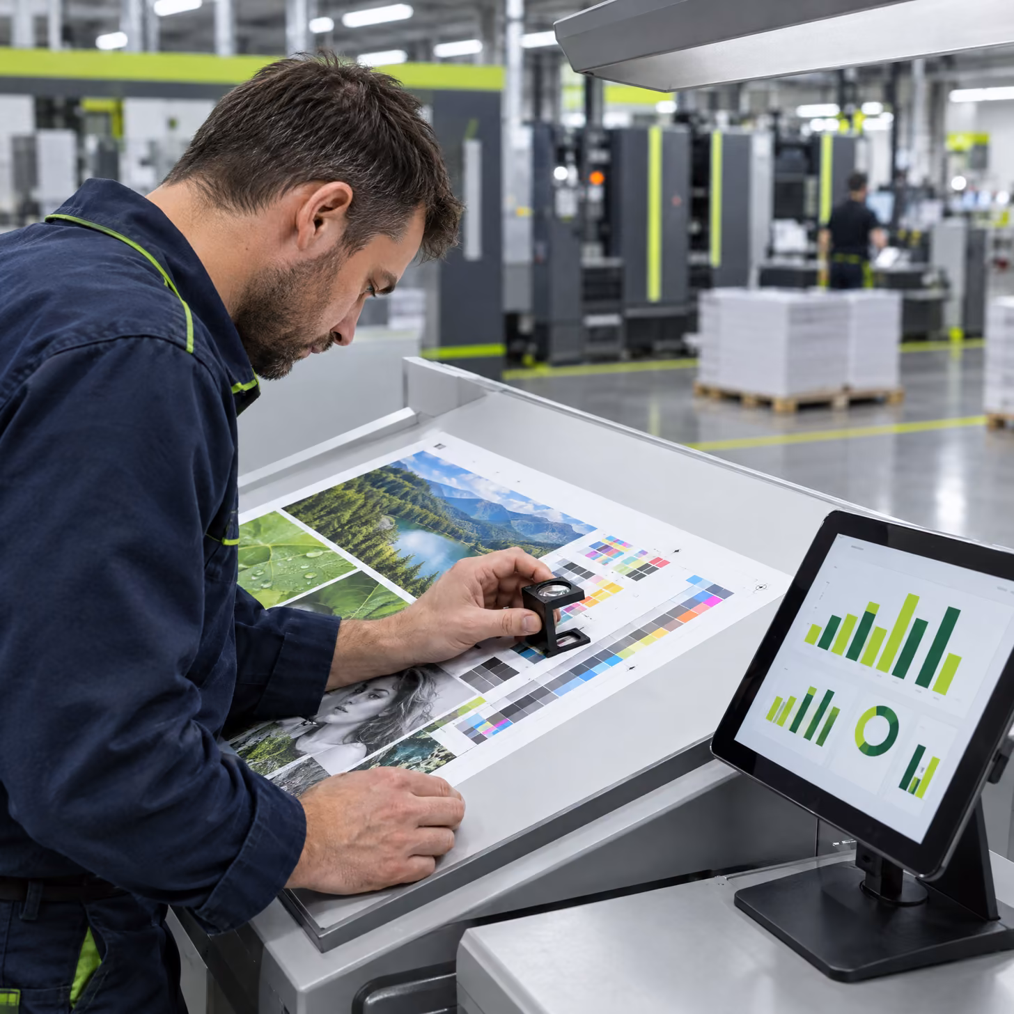 Bediener prüft einen gedruckten Bogen mit dem Fadenzähler neben einem Tablet mit Diagrammen (KI-generierte Illustration)