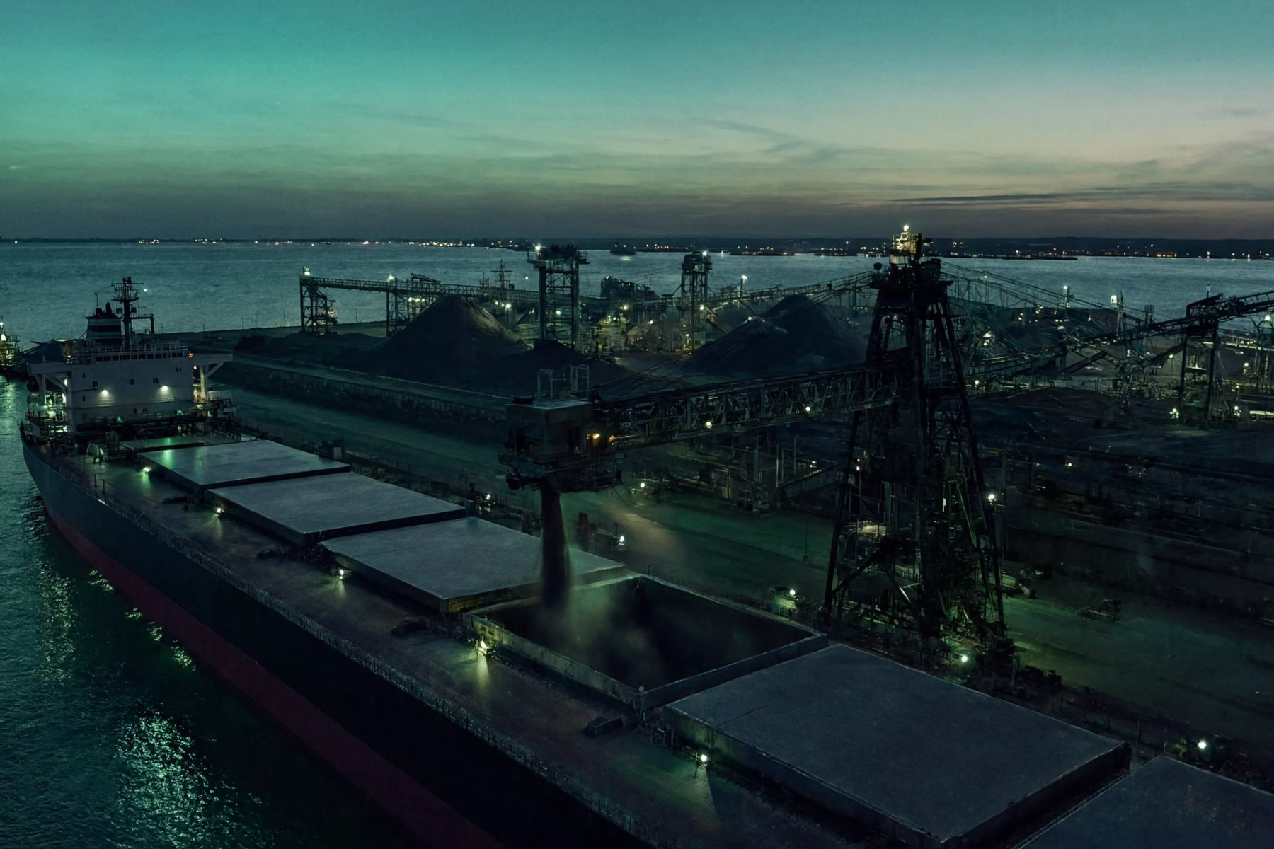 Navio graneleiro sendo carregado com minério de ferro em terminal portuário ao entardecer