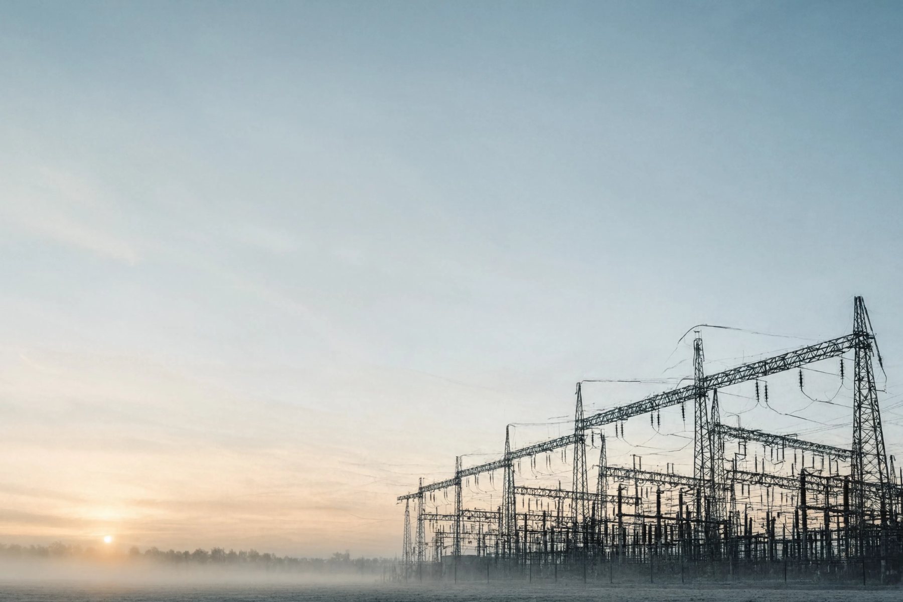 Subestação de energia elétrica em campo coberto de névoa ao nascer do sol