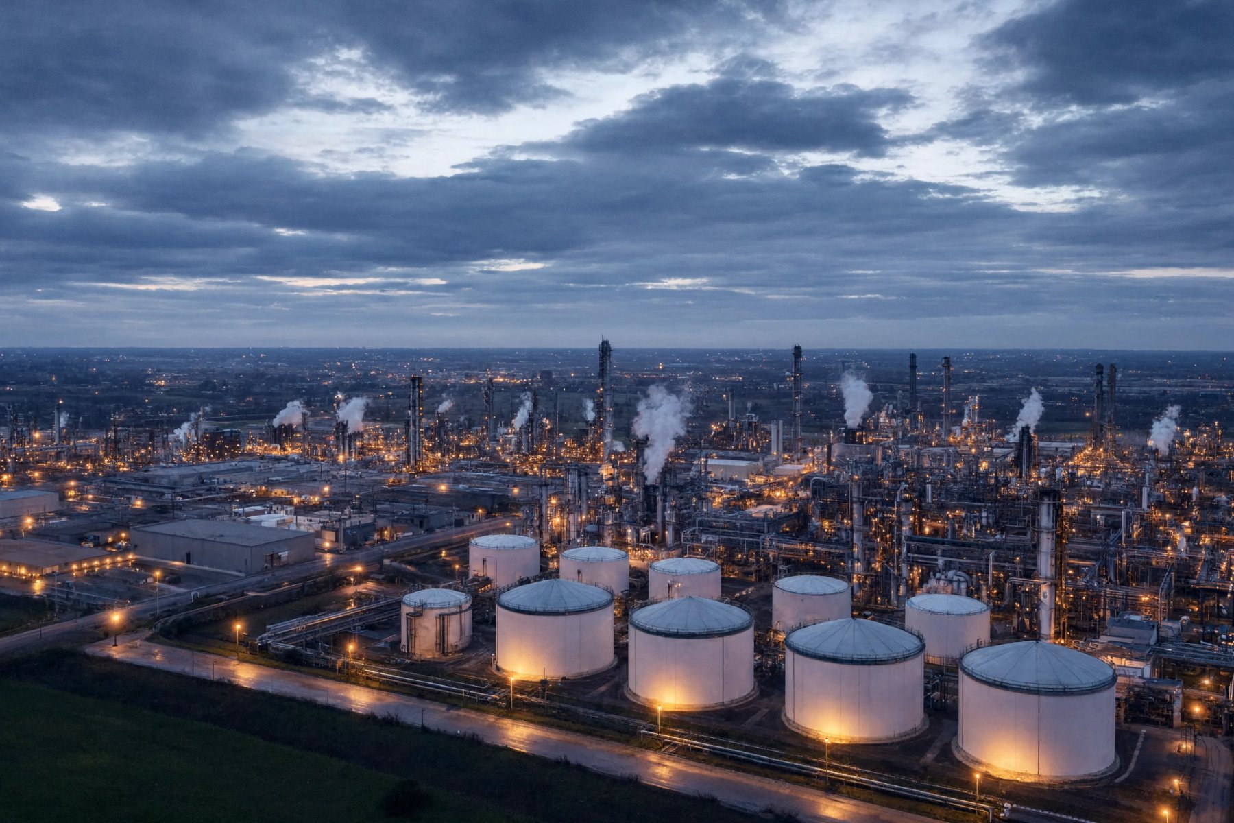 Vista aérea de complexo de refino com tanques de armazenamento iluminados ao anoitecer