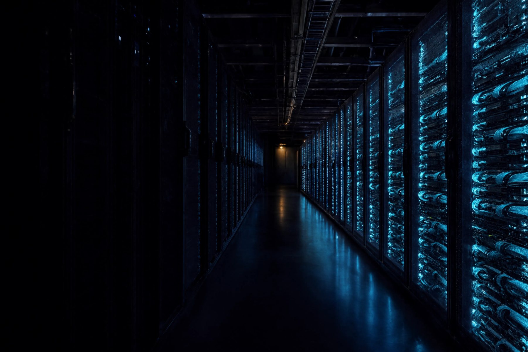 Corredor de data center com racks de servidores iluminados em azul