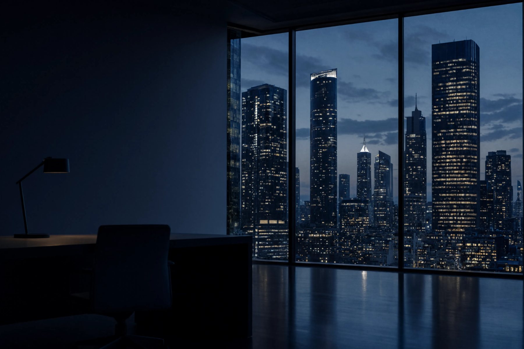 Escritório corporativo com vista para arranha-céus da cidade ao anoitecer