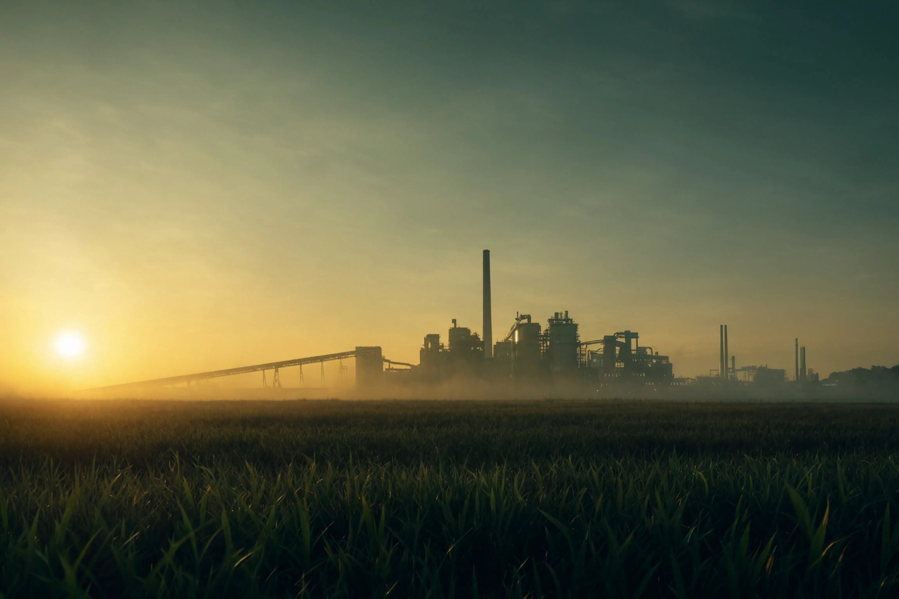 Silhueta de usina de bioenergia ao amanhecer sobre canavial envolto em névoa