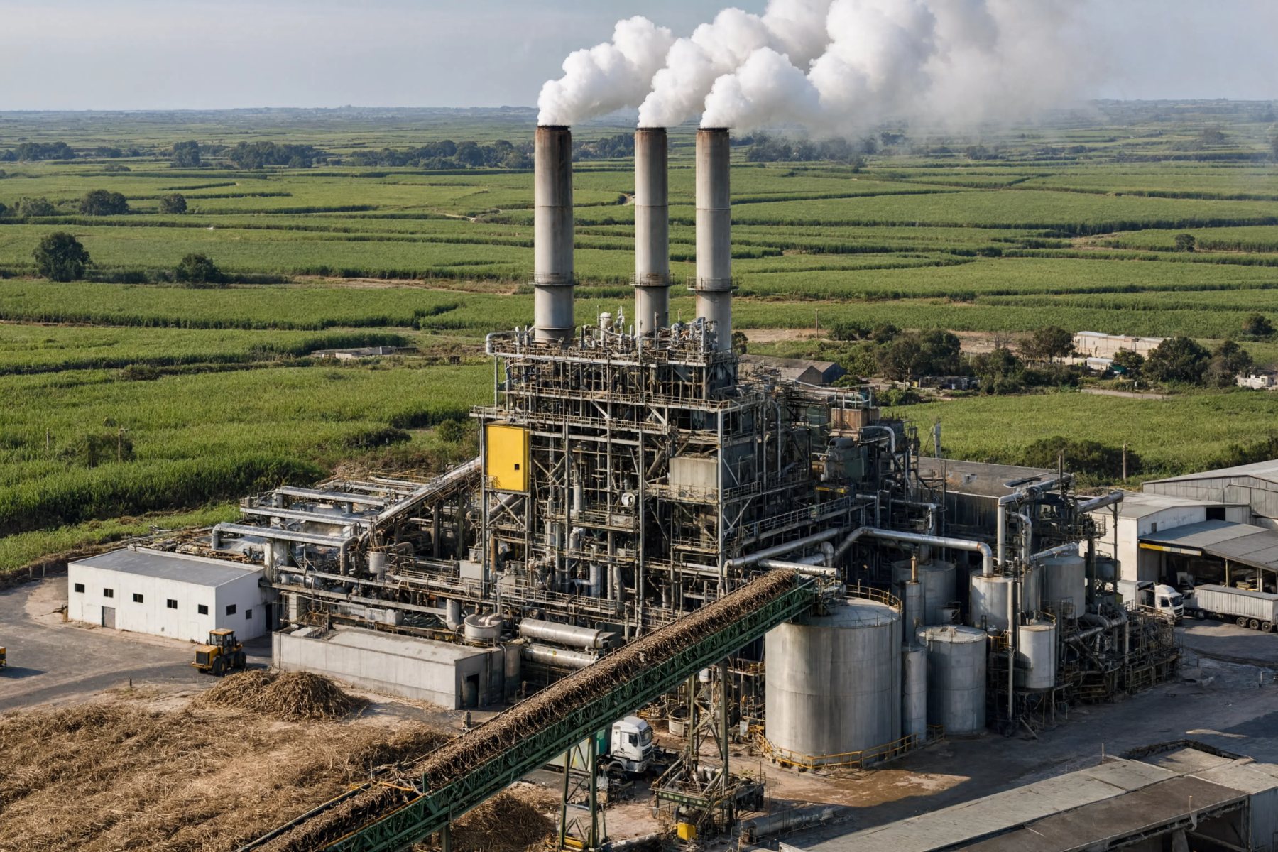 Aerial view of a sugar and ethanol mill in operation, with stacks and surrounding cane fields