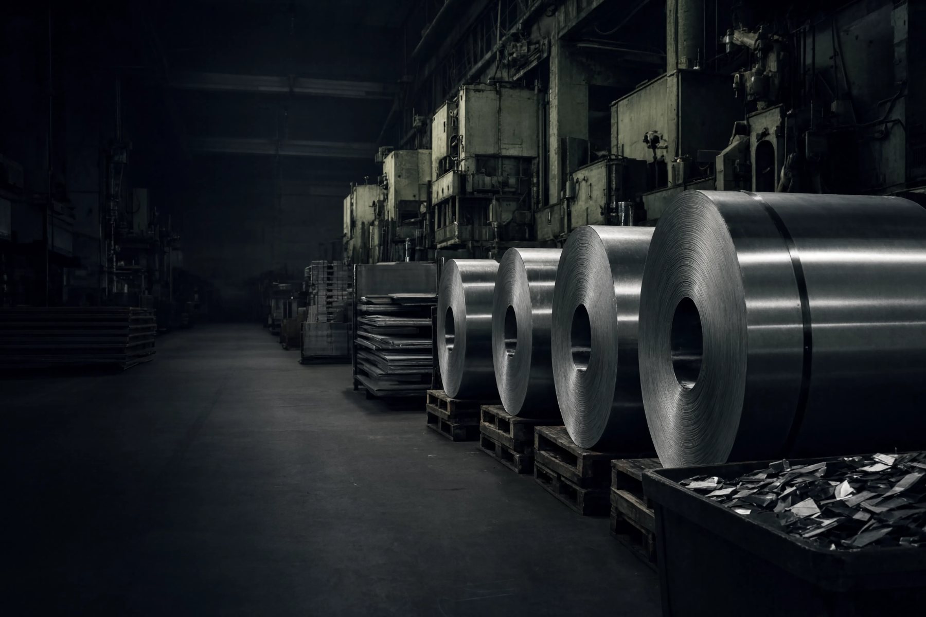 Rolled steel coils lined up in an industrial hall with presses in the background