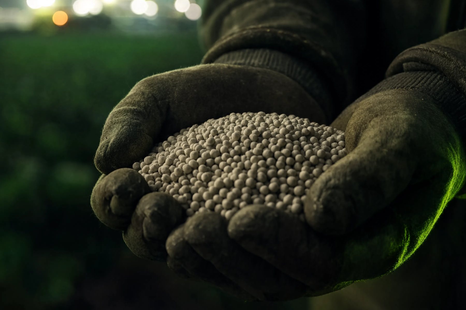 Mãos com luvas segurando grânulos de fertilizante, com luzes de uma planta industrial ao fundo