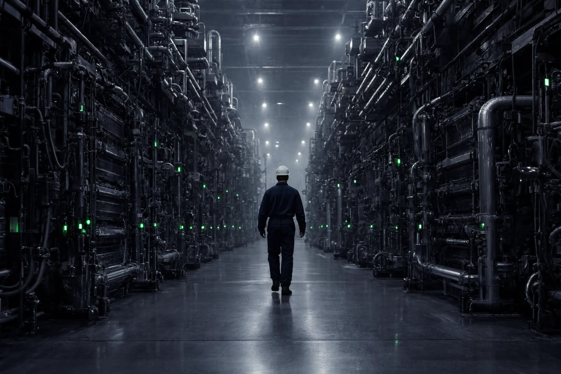 Technician seen from behind walking down a hydrogen electrolyzer hall at night