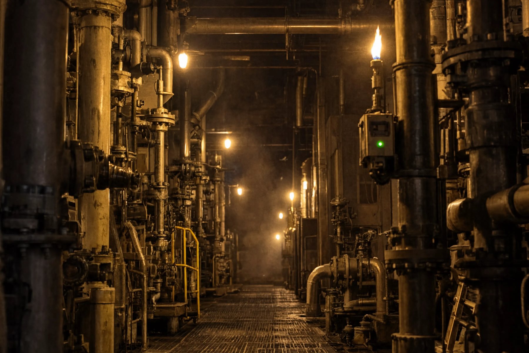 Corredor de tubulações, válvulas e linhas de vapor em módulo de processo industrial iluminado à noite
