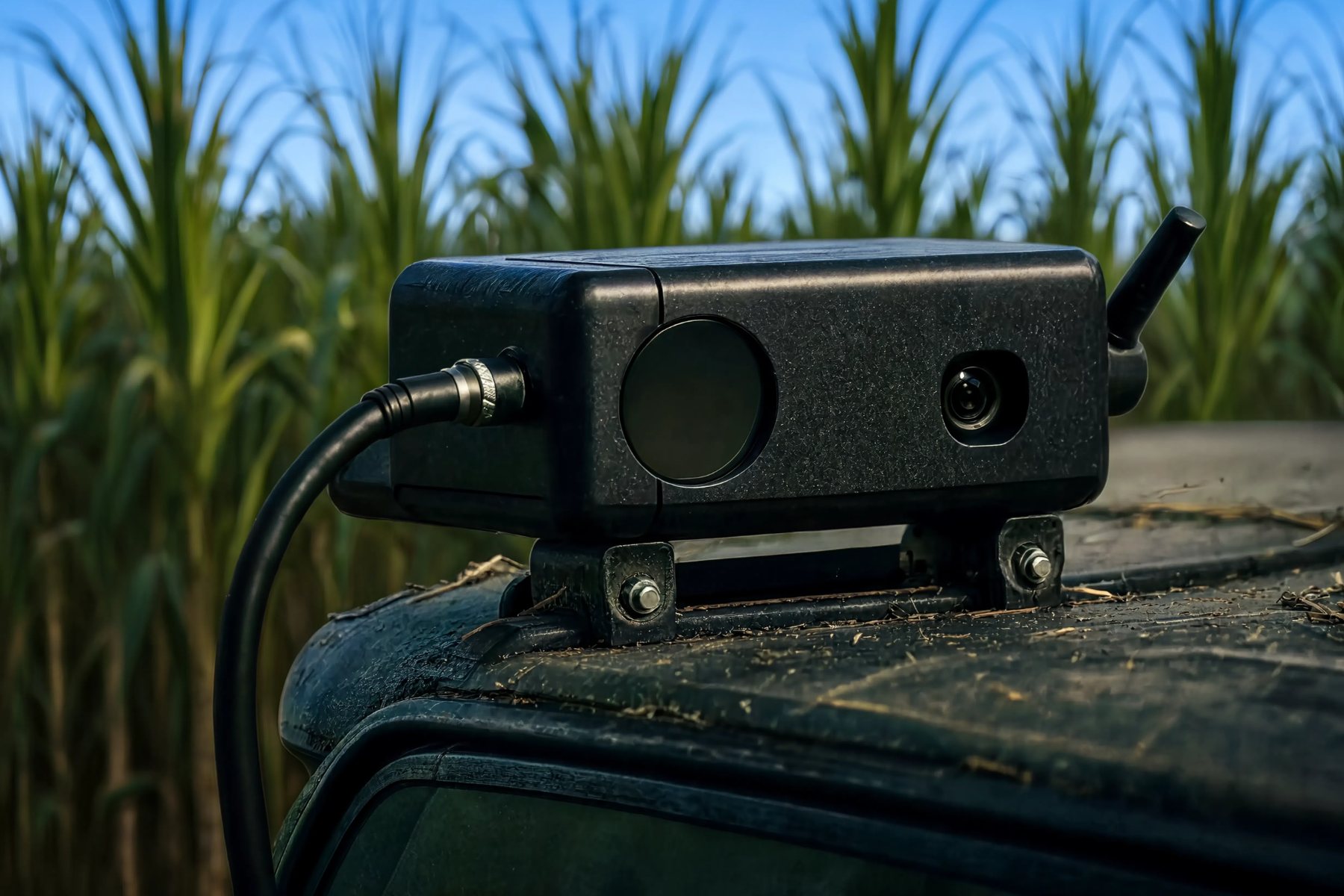 Edge sensor with camera mounted on a vehicle roof in a sugarcane field under a blue sky