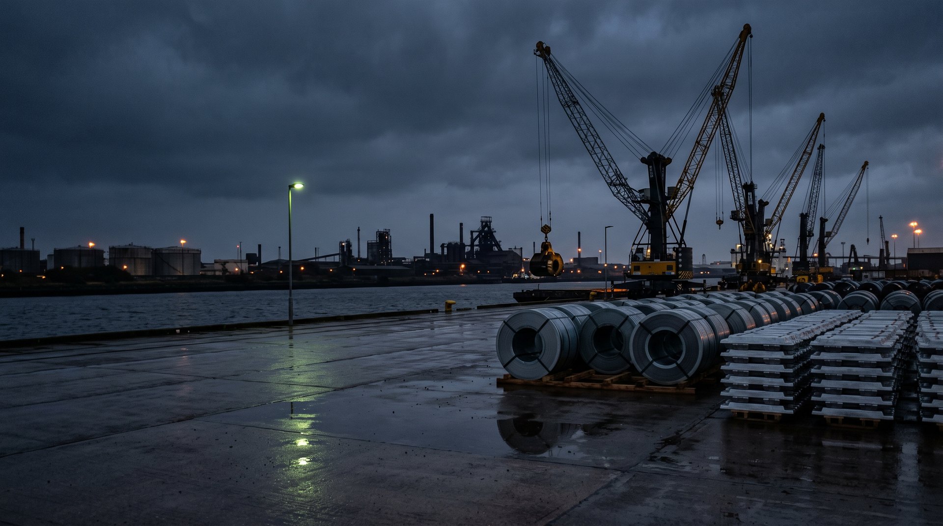 Imported steel coils and aluminium ingots on a Teesside quay at dusk, with cranes and industrial plant behind
