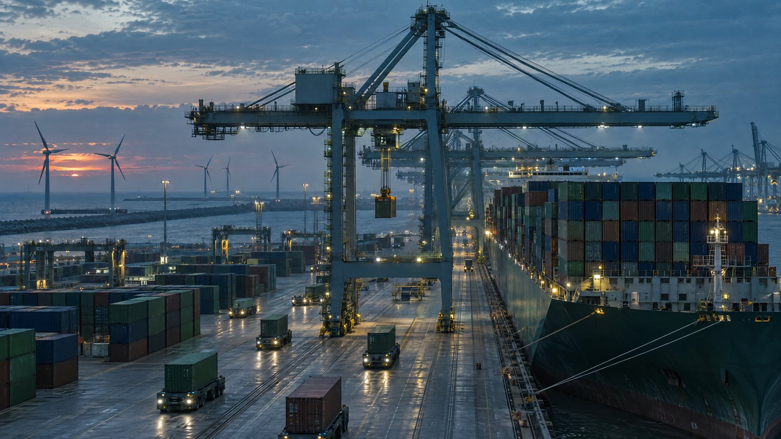 Geautomatiseerde containerterminal op de Maasvlakte bij schemering (AI-gegenereerde illustratie)