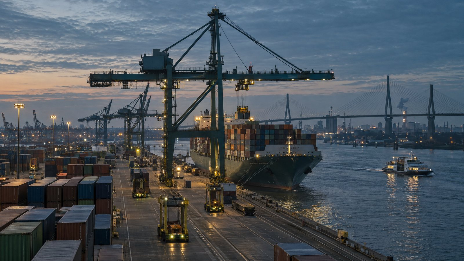 Containerterminal im Hamburger Hafen an der Elbe in der Abenddämmerung (KI-generierte Illustration)