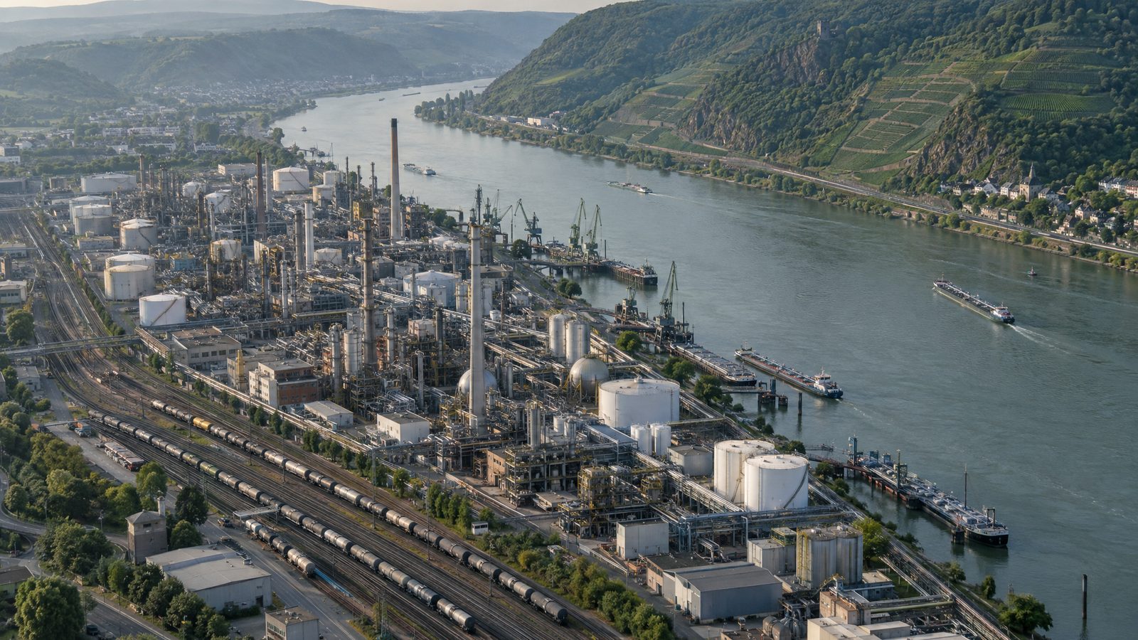 Luftbild eines Chemieparks am Rhein mit Hafen, Frachtschiffen und Weinbergen am gegenüberliegenden Ufer (KI-generierte Illustration)