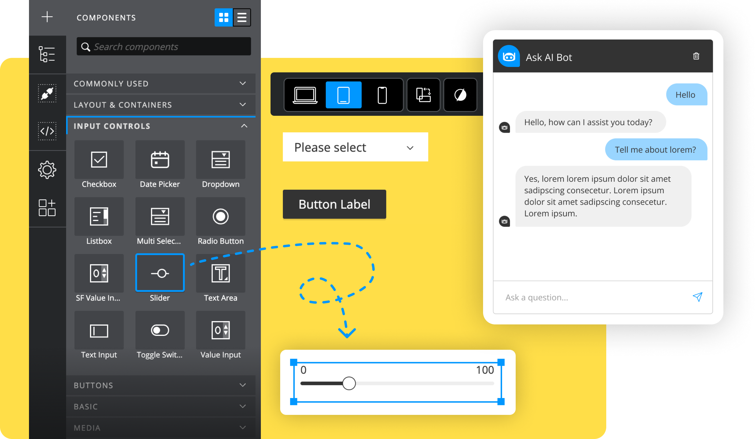 User interface showing a components panel with input controls including slider, and a chatbot conversation about lorem ipsum on a yellow background.