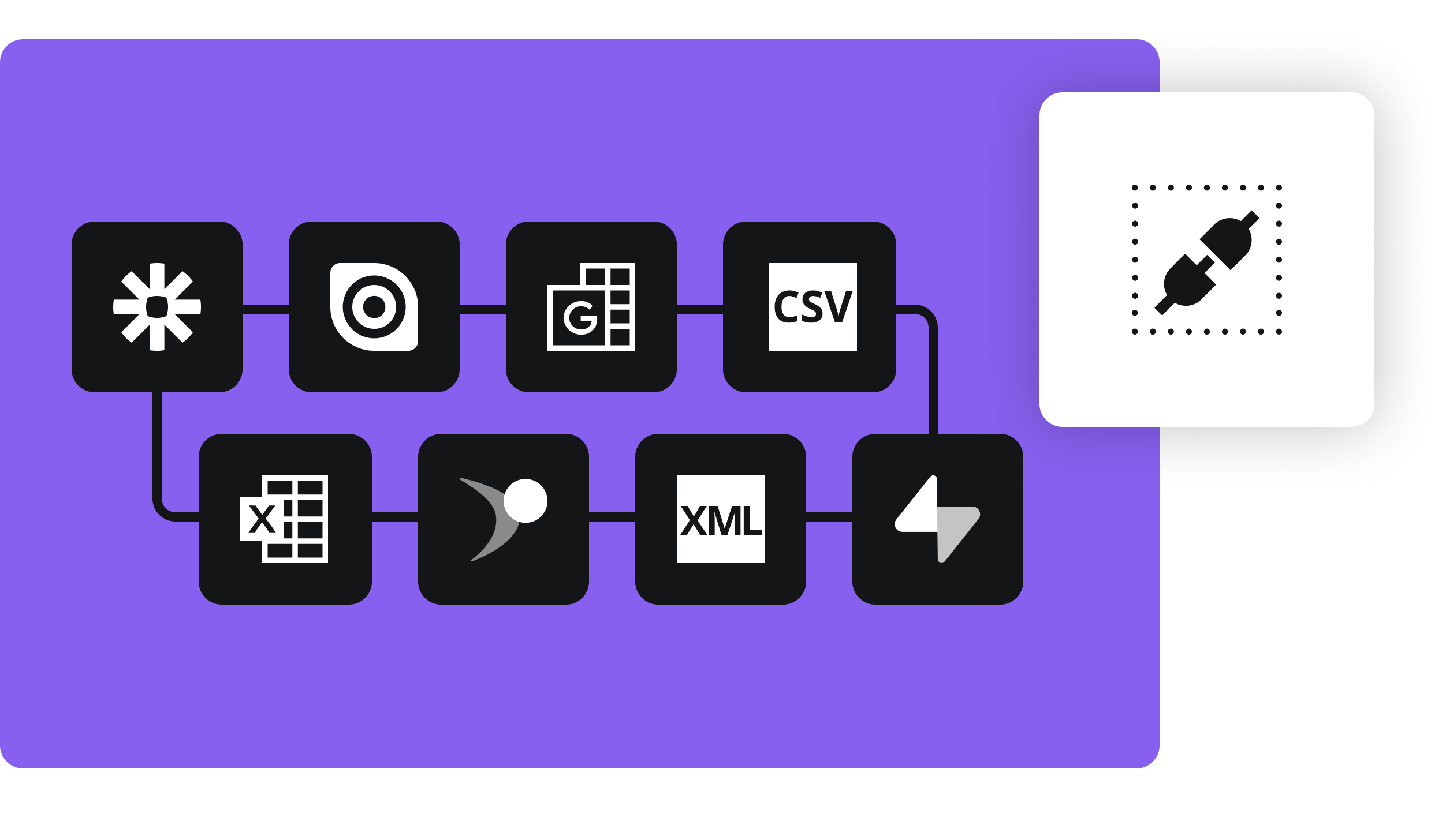 Diagram of interconnected integration icons including Zapier, HubSpot, Google Sheets, CSV, Excel, Microsoft Dynamics, XML, and Power Automate on a purple background.