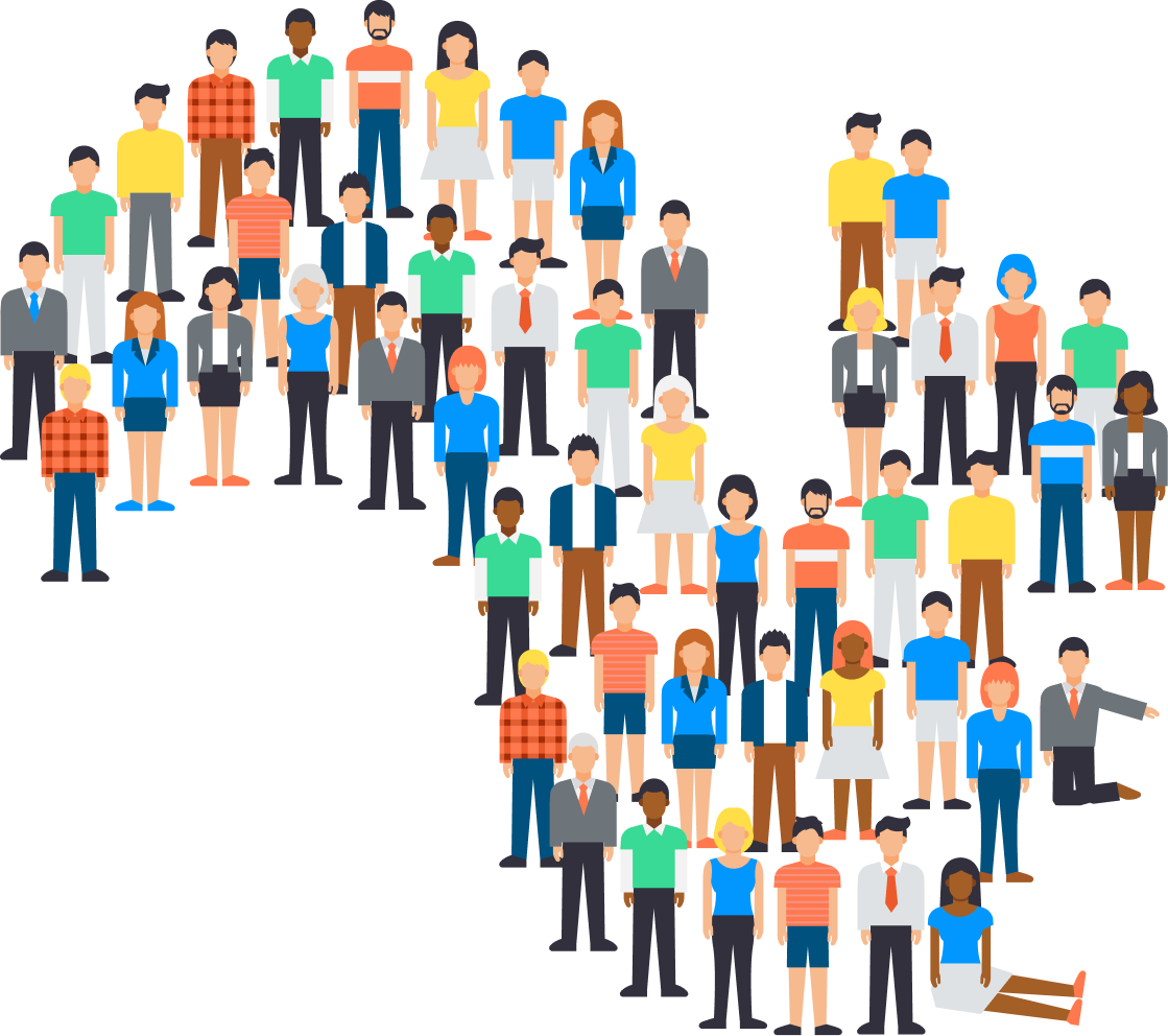 Illustration of a diverse group of people standing and sitting together, representing community and inclusion.