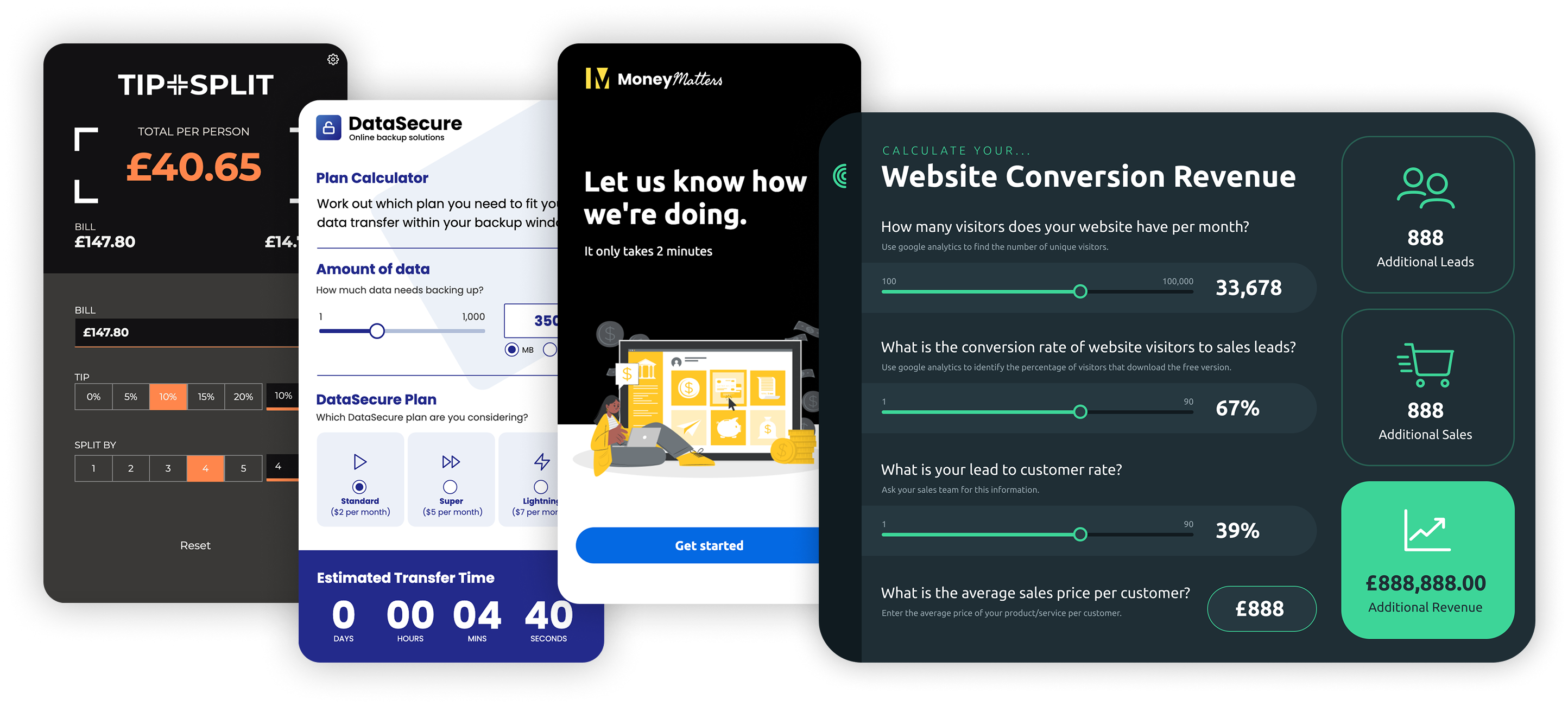 Four digital app interfaces showing a tip calculator, a data backup plan calculator, a feedback request screen, and a website conversion revenue estimator.