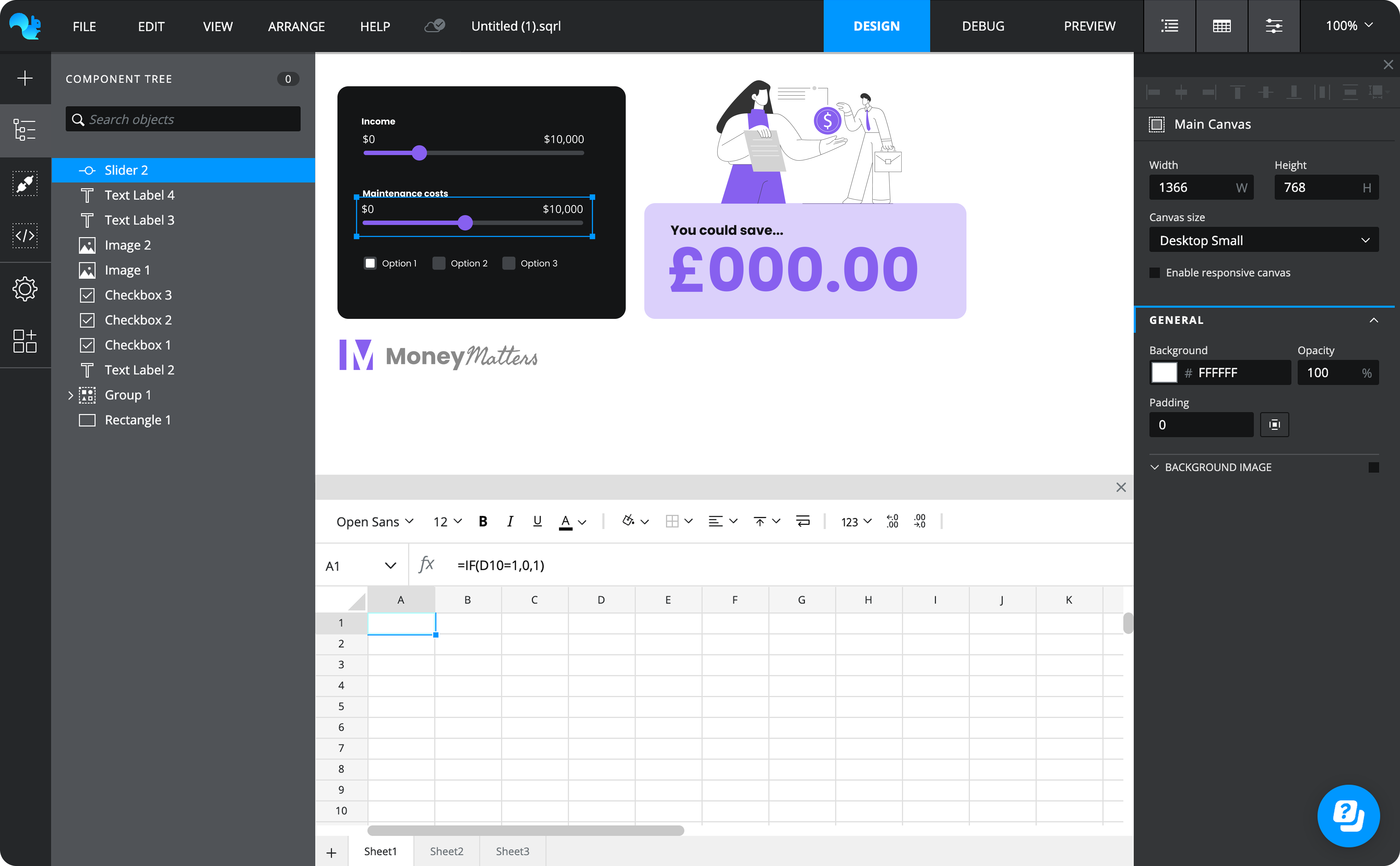 User interface of a design tool showing sliders to adjust income and maintenance costs with a saving estimate of £000.00 and a MoneyMatters logo.