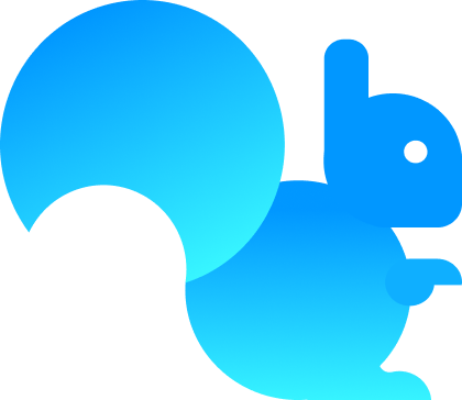 Stylized blue squirrel logo with a large curled tail and simplified shapes.