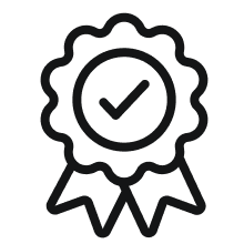 Black outline of a ribbon badge with a checkmark in the center, symbolizing professional quality or approval.