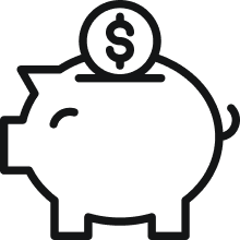 Black line art of a piggy bank with a coin featuring a dollar sign being inserted.