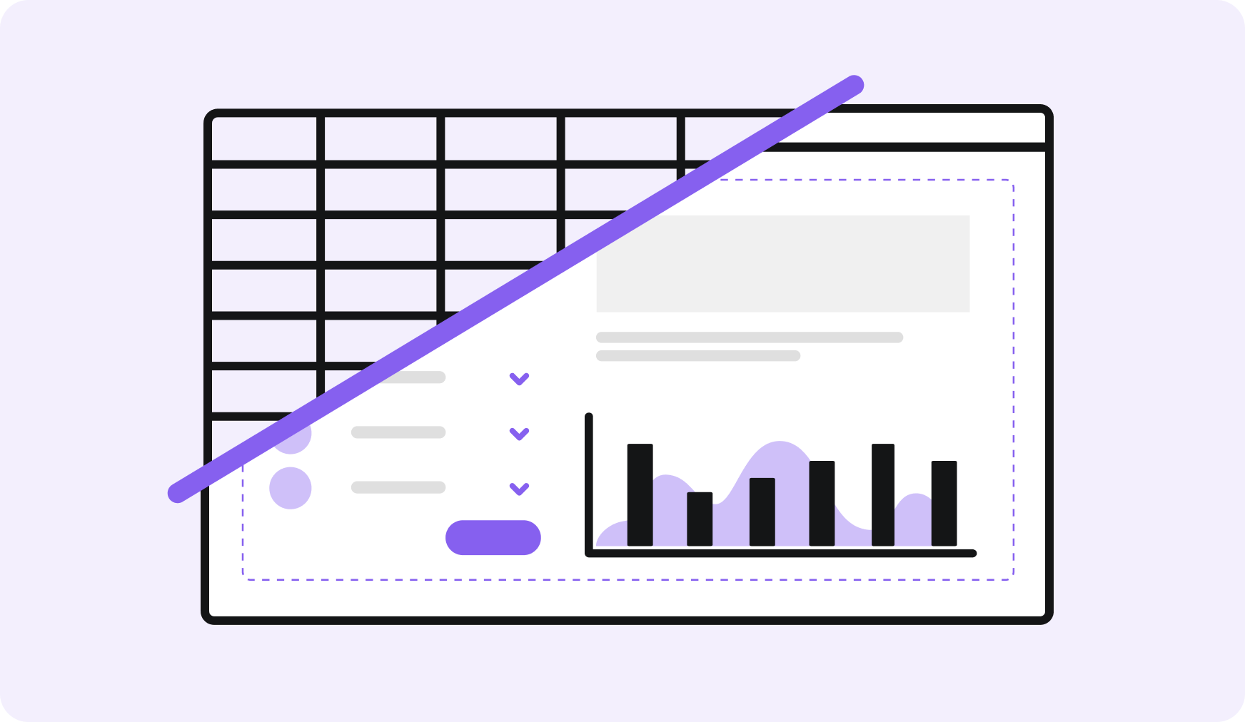 Illustration showing a spreadsheet transforming into a dashboard with graphs and checklists.