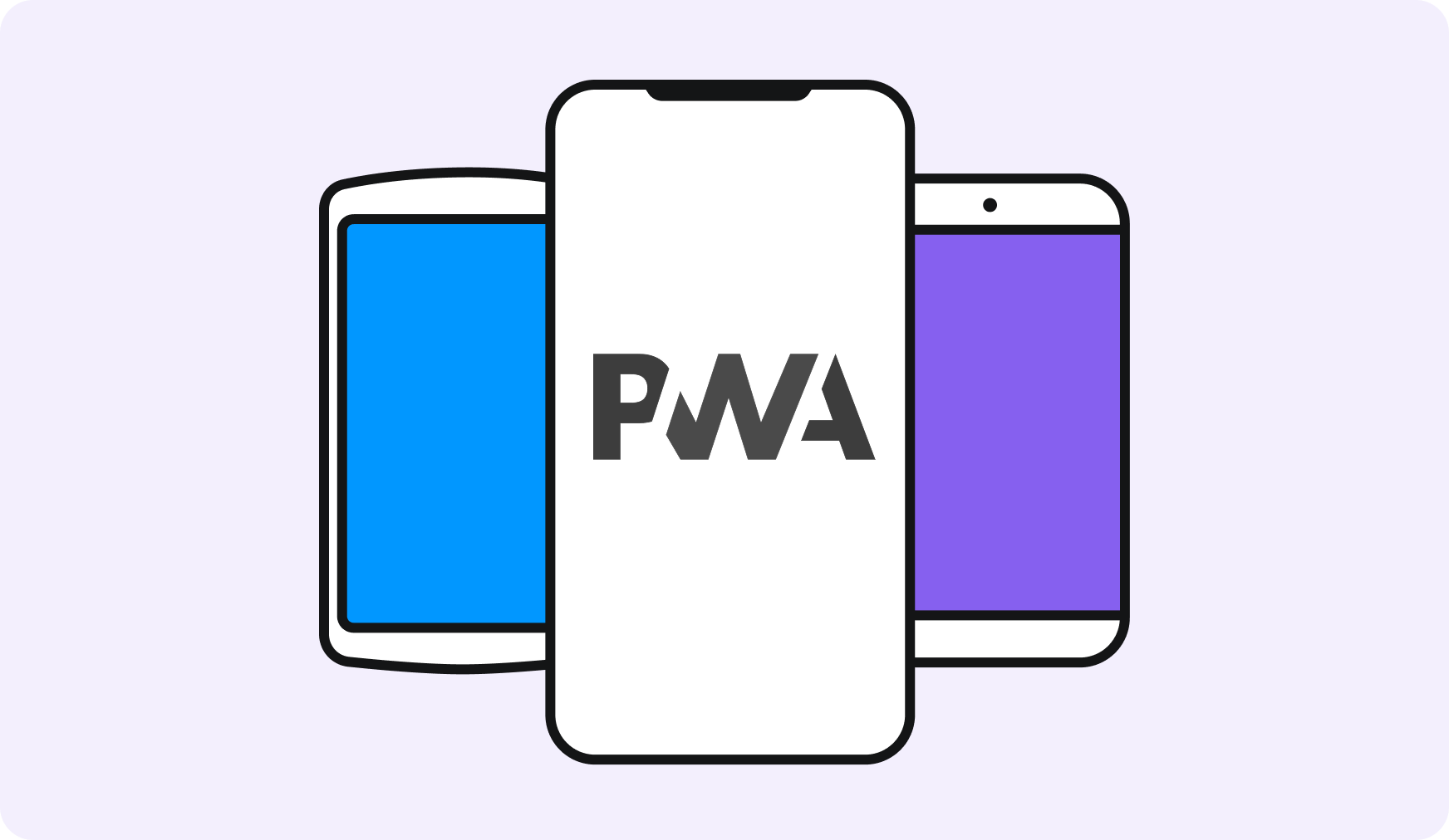 Graphic of three smartphones with a white phone in the center displaying the text 'PWA'.