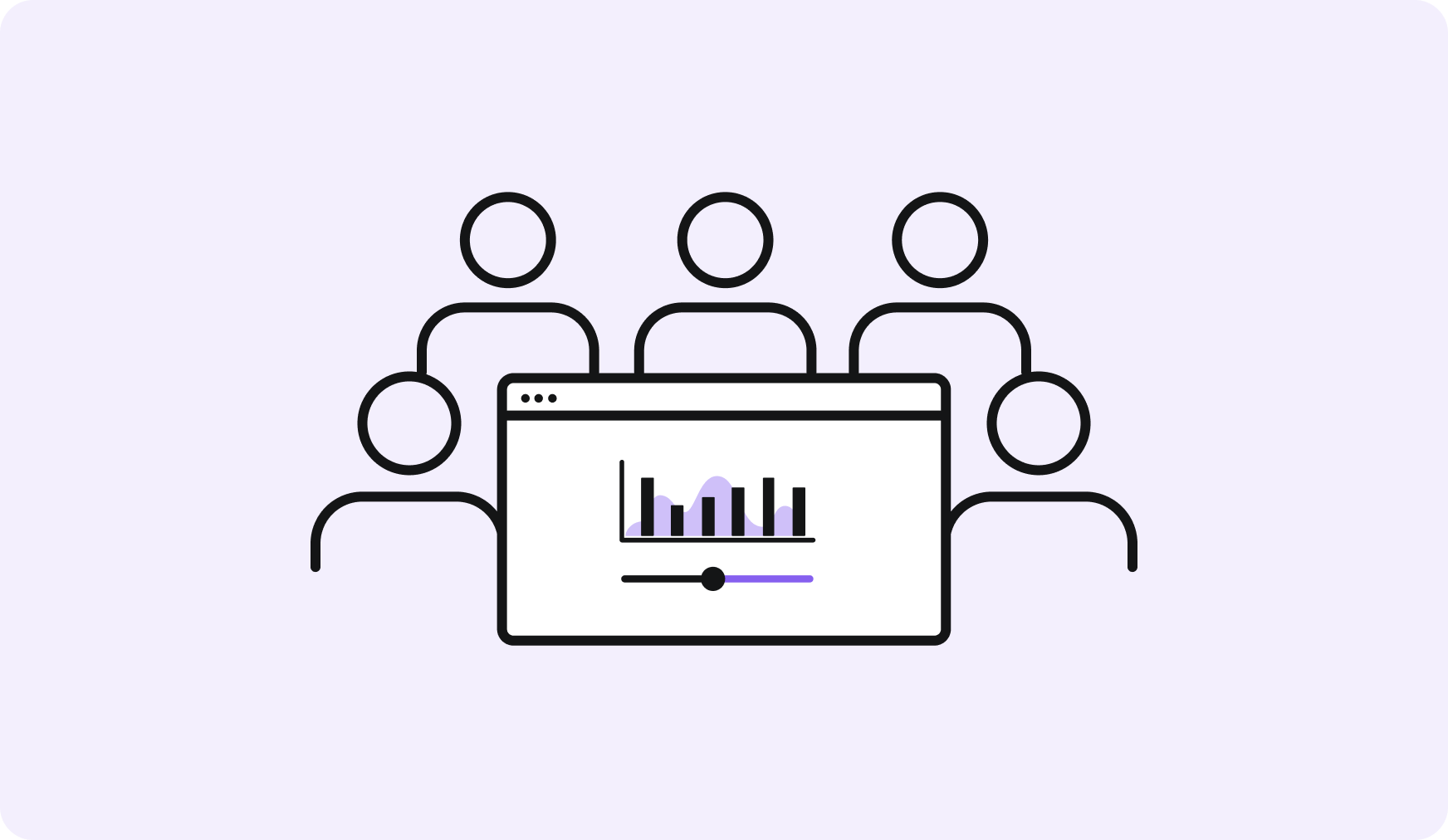 Icon of five abstract human figures behind a browser window displaying a bar chart and slider, representing group data access.