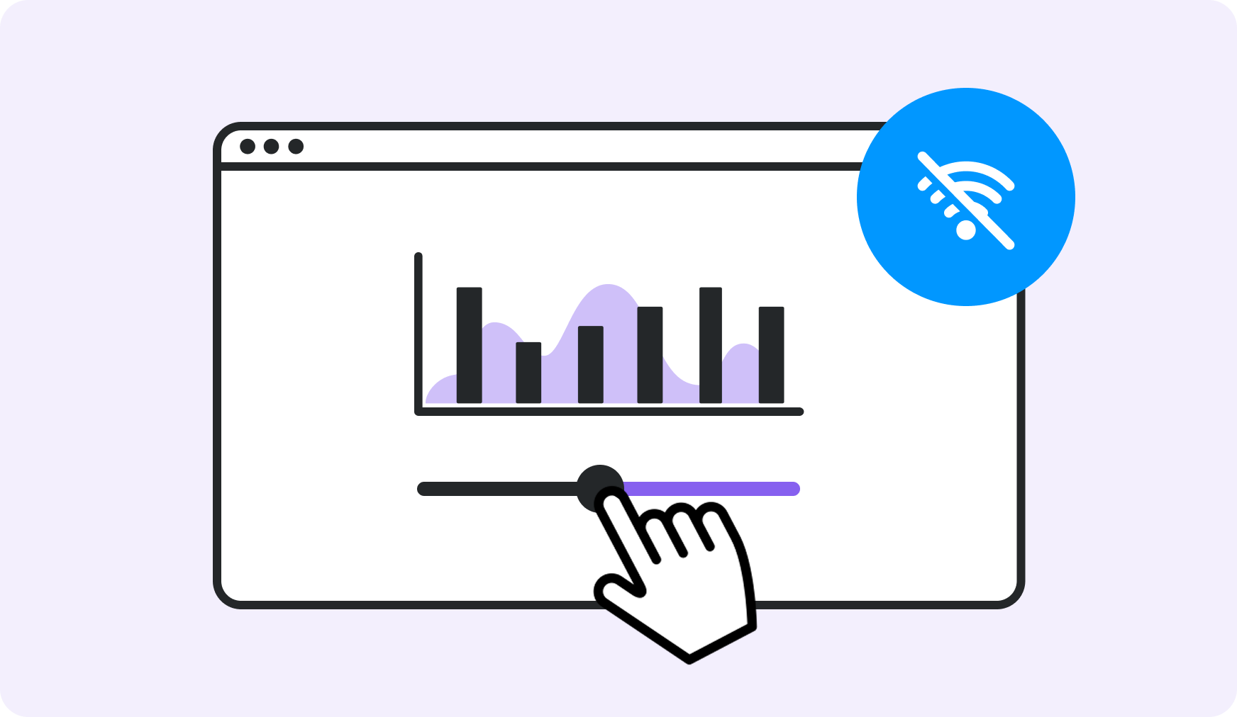 Browser window showing a bar chart and a hand adjusting a slider control with a no Wi-Fi symbol in a blue circle.
