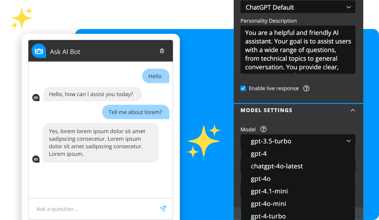 Chat interface showing a conversation with an AI bot answering a question about lorem ipsum and a settings panel with model options like gpt-3.5-turbo and gpt-4.