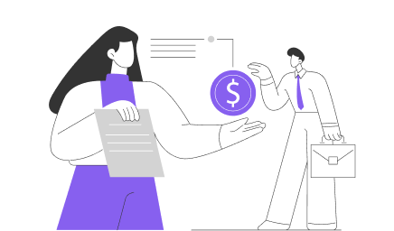 Illustration of a woman holding a document and a man with a briefcase reaching towards a floating dollar sign.